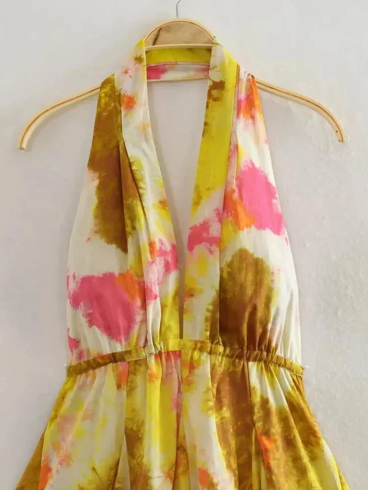 Print Halter Open Back Graceful Sleeveless V Neck Mini Dress