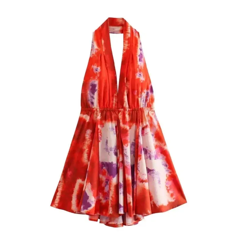 Print Halter Open Back Graceful Sleeveless V Neck Mini Dress