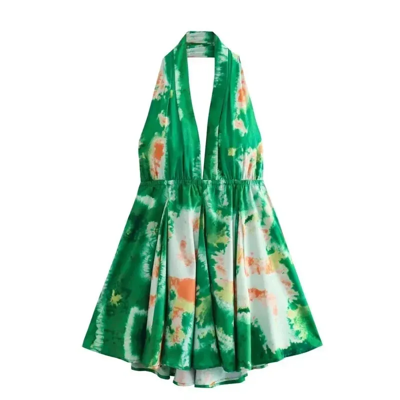 Print Halter Open Back Graceful Sleeveless V Neck Mini Dress