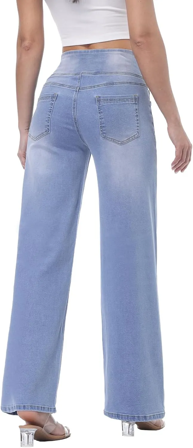 Pull on Wide Leg Jeans for Women, High Waisted Stretchy Baggy Trendy Tummy Control Straight Leg Jeans Denim Pants