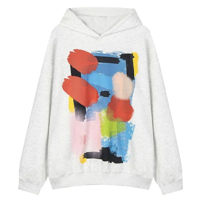 Qinglin High Street Art Color Palette Pullover Hooded Sweatshirt Unisex Couple Style Casual Trendy Brand Loose Fit Jacket