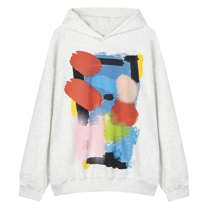 Qinglin High Street Art Color Palette Pullover Hooded Sweatshirt Unisex Couple Style Casual Trendy Brand Loose Fit Jacket
