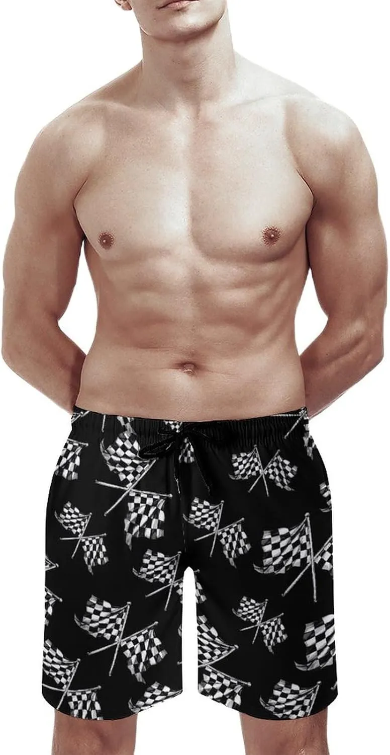 Racer Race Checkered Flags Men's Swim Trunks Quick Dry Board Shorts Breathable Summer Beach Shorts Bathing Suits