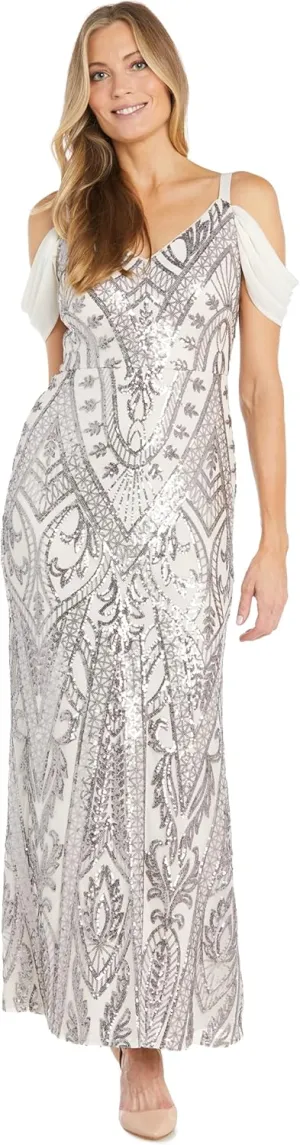 R&M Richards Women's Graceful Mesh Beaded Gown, Ivory/Pewter