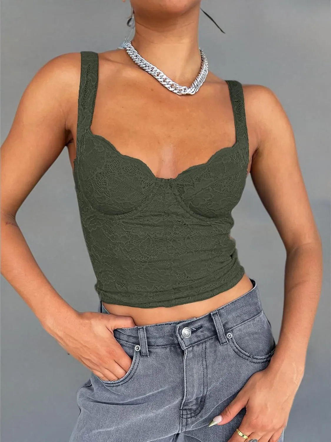 REORIA Women's Summer Sexy Square Neck Sleeveless Going Out Trendy Lace Bustier Tank Crop Tops