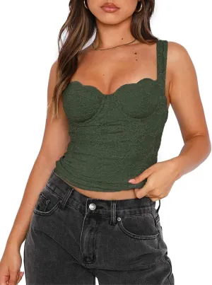 REORIA Women's Summer Sexy Square Neck Sleeveless Going Out Trendy Lace Bustier Tank Crop Tops