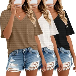 Riyiper 3 Pack Womens V Neck T-Shirts Short Sleeve Waffle Knit Oversized Loose Fit Casual Summer Tees Basic Tops