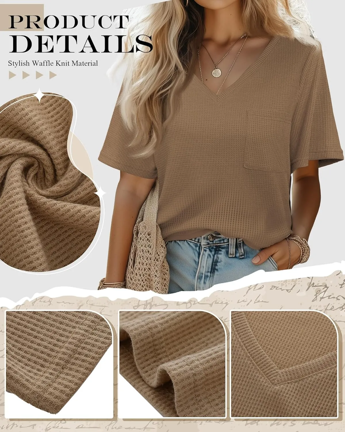 Riyiper 3 Pack Womens V Neck T-Shirts Short Sleeve Waffle Knit Oversized Loose Fit Casual Summer Tees Basic Tops
