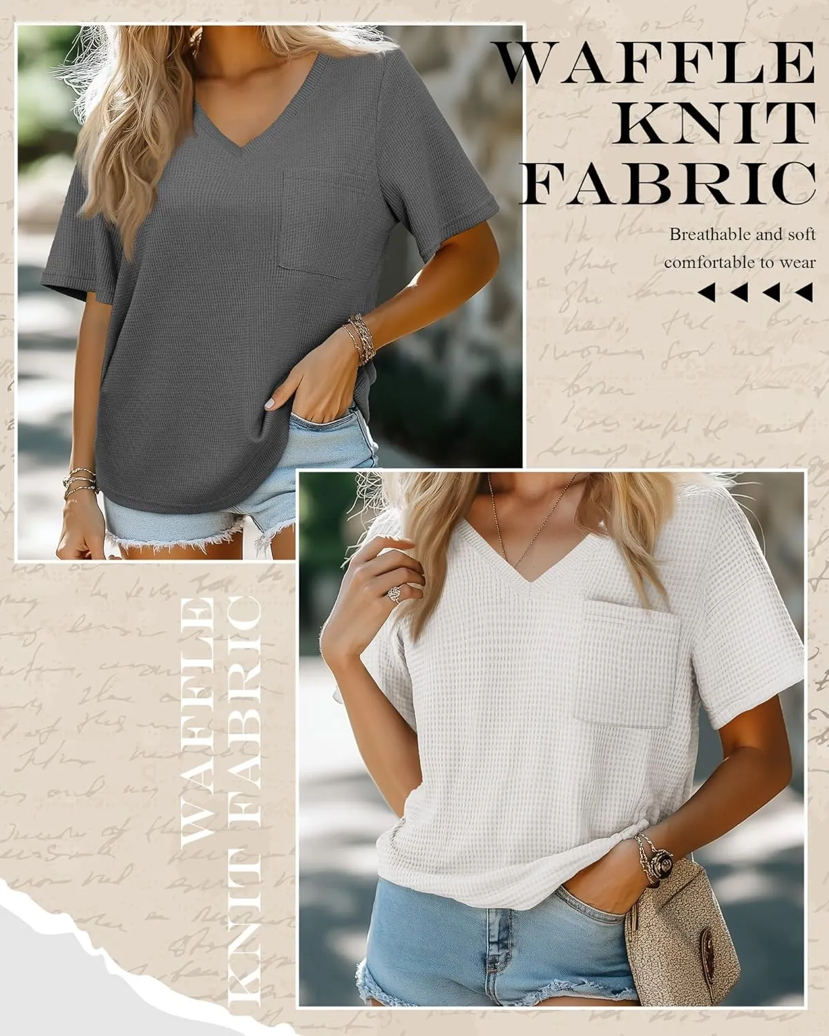 Riyiper 3 Pack Womens V Neck T-Shirts Short Sleeve Waffle Knit Oversized Loose Fit Casual Summer Tees Basic Tops
