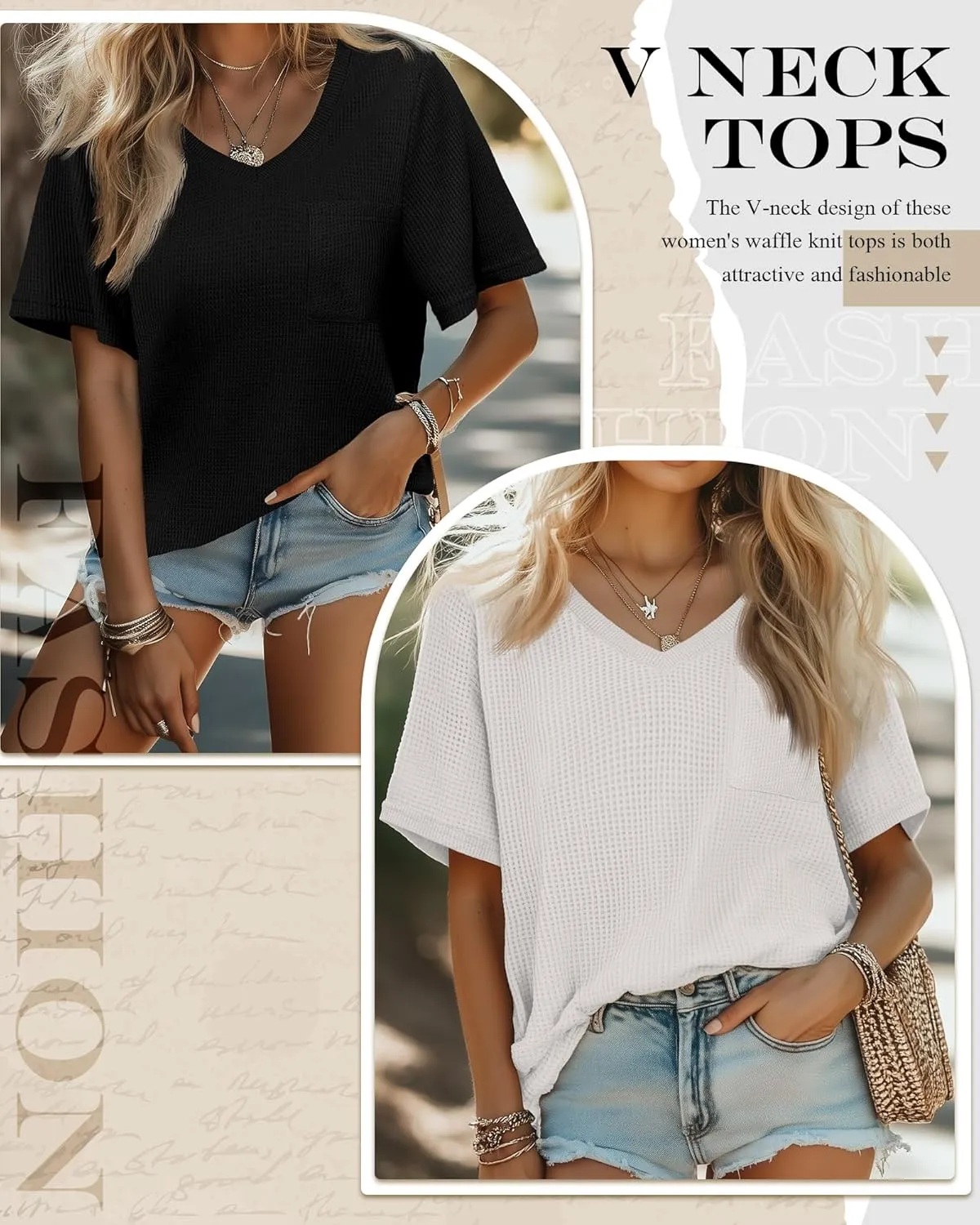 Riyiper 3 Pack Womens V Neck T-Shirts Short Sleeve Waffle Knit Oversized Loose Fit Casual Summer Tees Basic Tops
