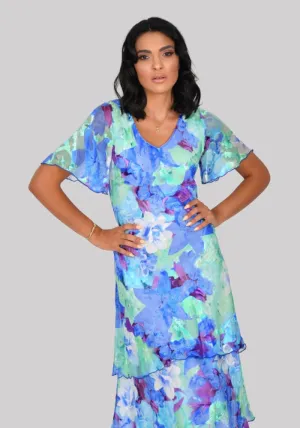 Royal Blue/Purple Tiered Dress With Short Sleeve
