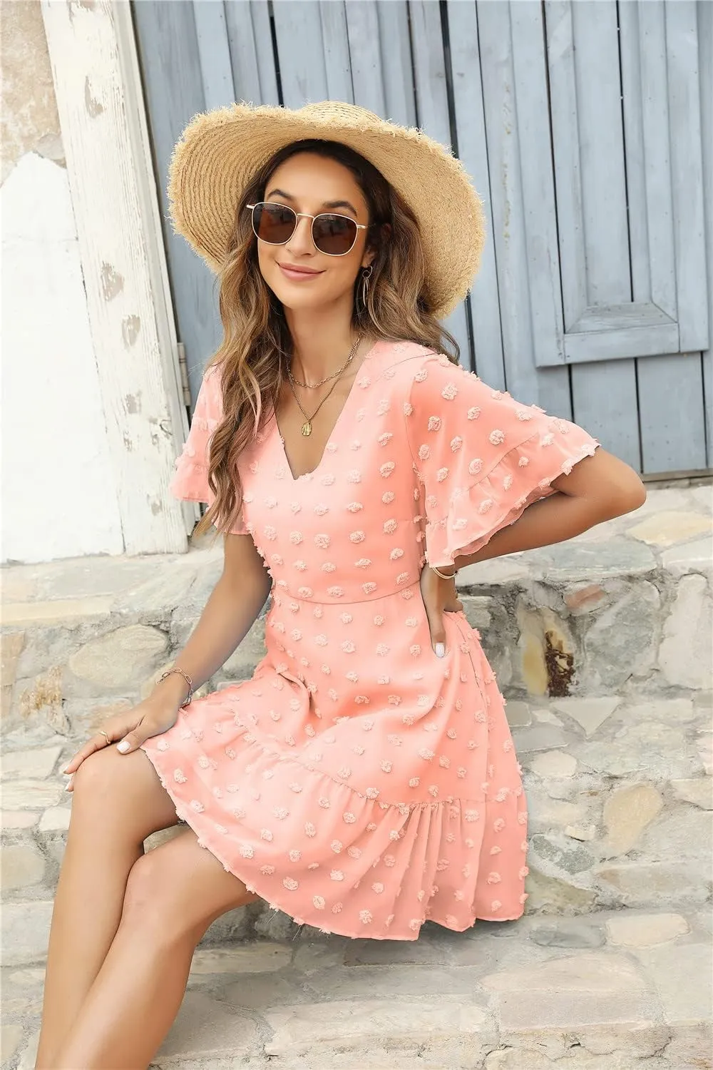 ROYLAMP Women's Cute Swiss Dot Dress V-Neck Ruffle Short Sleeve Summer Casual Flowy Shift Mini Dresses