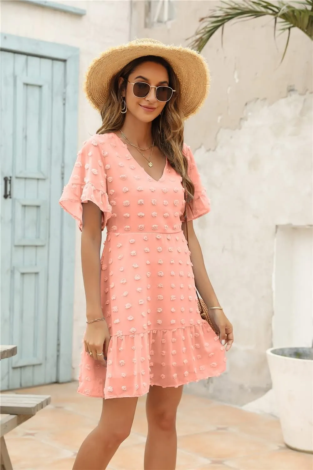ROYLAMP Women's Cute Swiss Dot Dress V-Neck Ruffle Short Sleeve Summer Casual Flowy Shift Mini Dresses