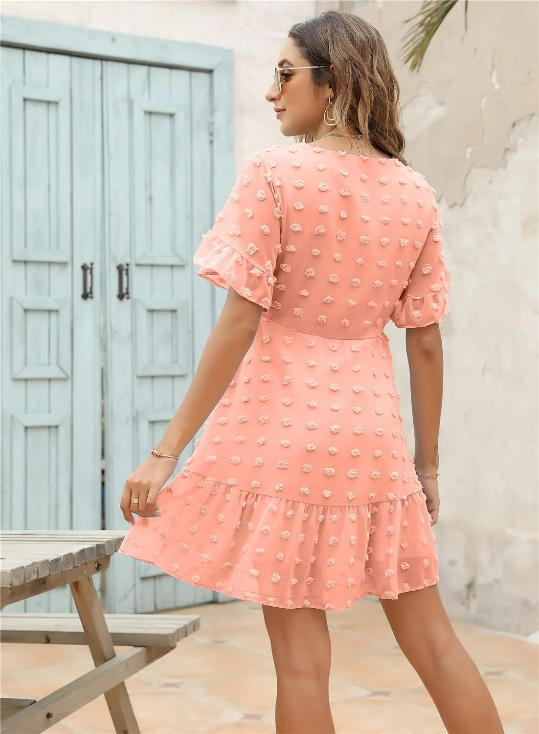ROYLAMP Women's Cute Swiss Dot Dress V-Neck Ruffle Short Sleeve Summer Casual Flowy Shift Mini Dresses