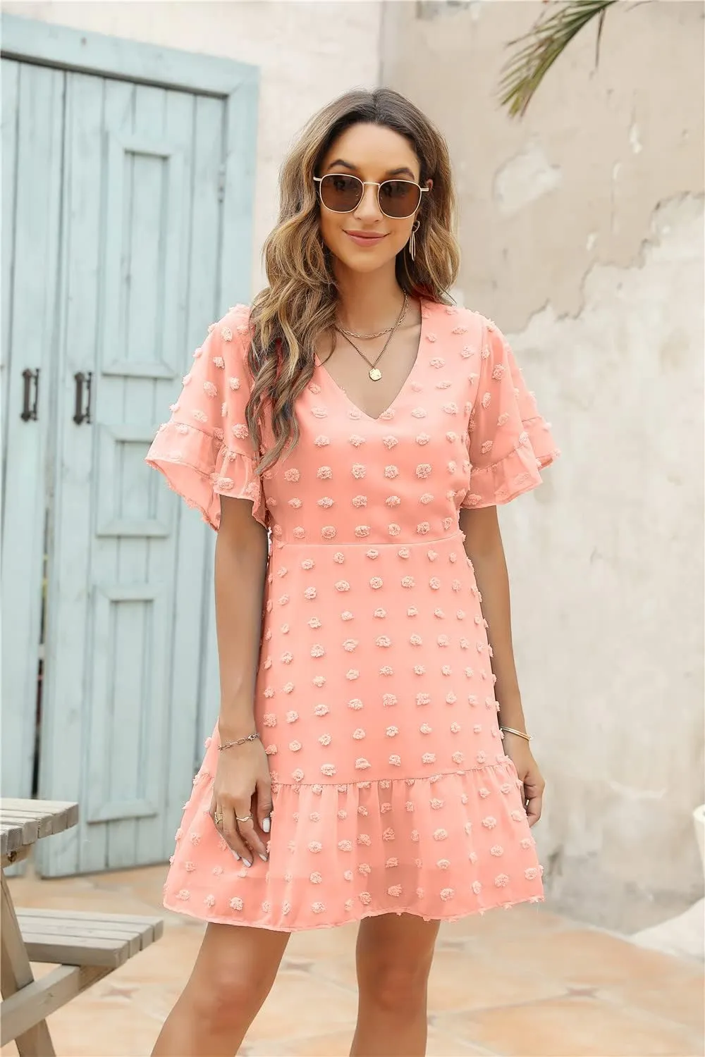 ROYLAMP Women's Cute Swiss Dot Dress V-Neck Ruffle Short Sleeve Summer Casual Flowy Shift Mini Dresses