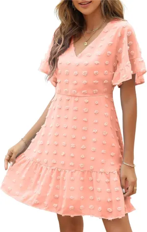 ROYLAMP Women's Cute Swiss Dot Dress V-Neck Ruffle Short Sleeve Summer Casual Flowy Shift Mini Dresses