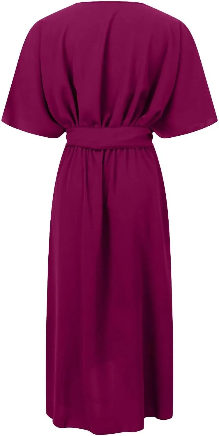 Rvidbe Summer Casual Warp Flowy Maxi Dresses for Women V Neck Bat Sleeve Lace Up Long Beach Dress Plus Size Formal Dress