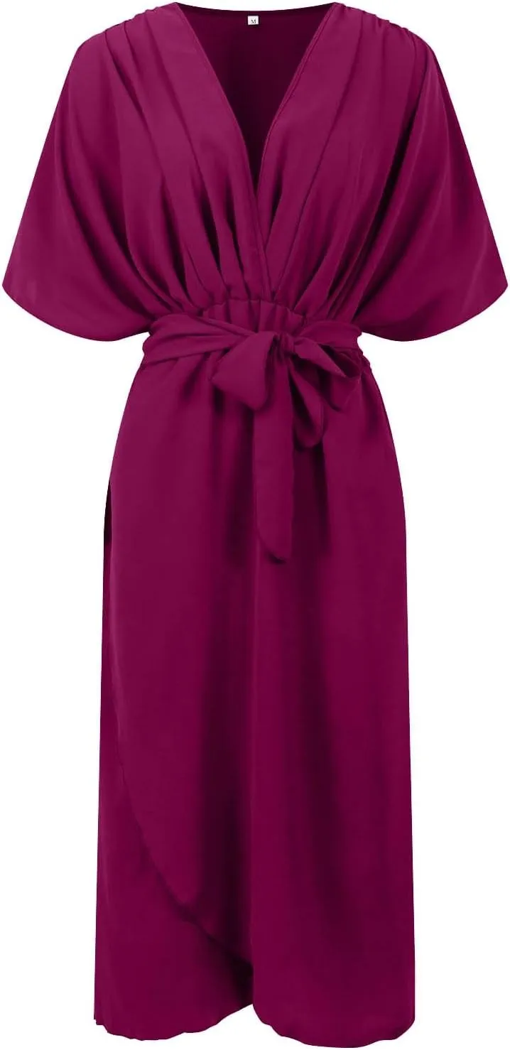 Rvidbe Summer Casual Warp Flowy Maxi Dresses for Women V Neck Bat Sleeve Lace Up Long Beach Dress Plus Size Formal Dress