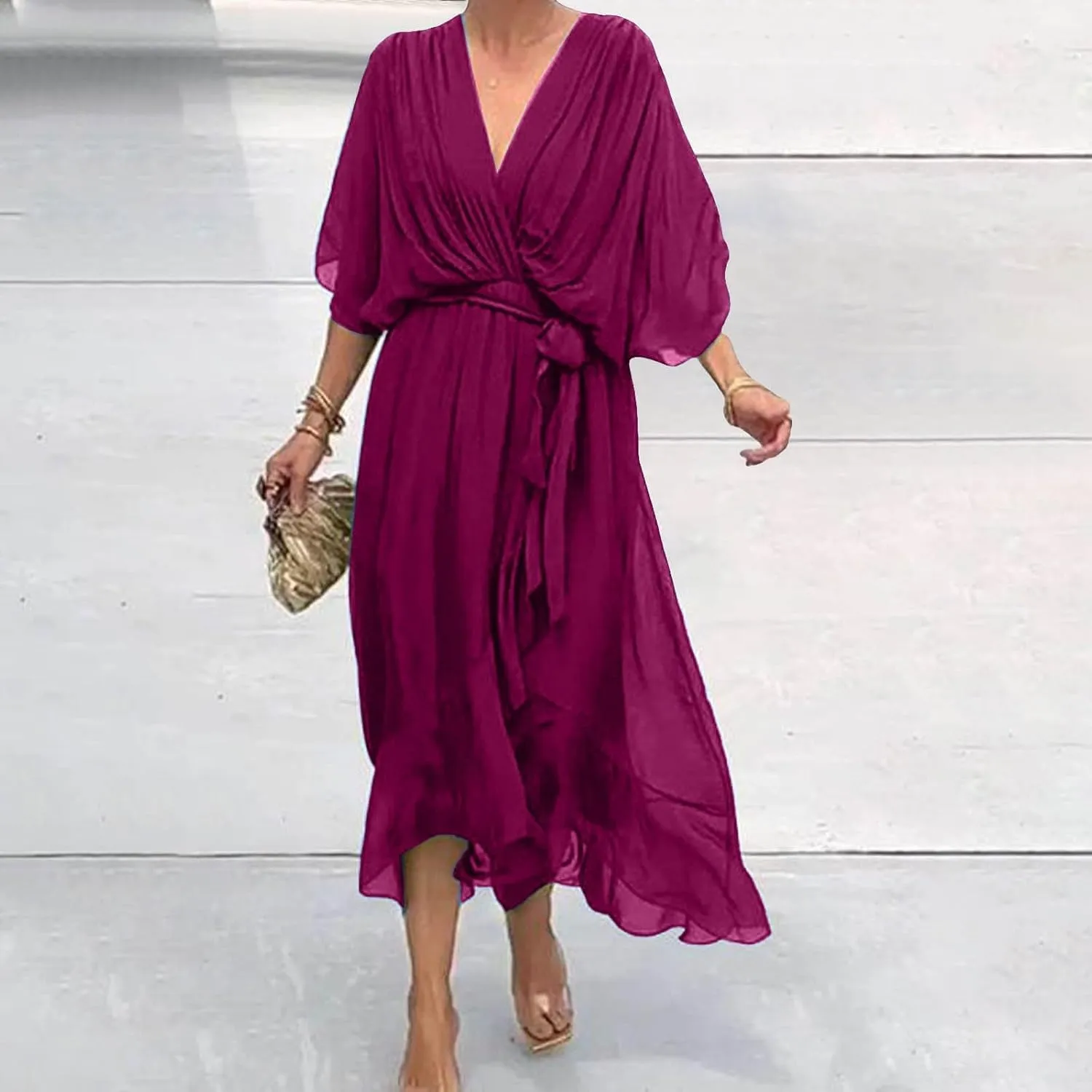 Rvidbe Summer Casual Warp Flowy Maxi Dresses for Women V Neck Bat Sleeve Lace Up Long Beach Dress Plus Size Formal Dress