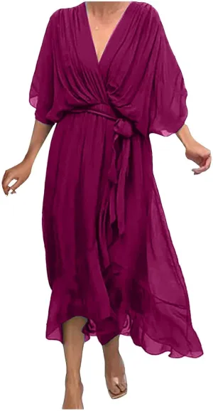 Rvidbe Summer Casual Warp Flowy Maxi Dresses for Women V Neck Bat Sleeve Lace Up Long Beach Dress Plus Size Formal Dress