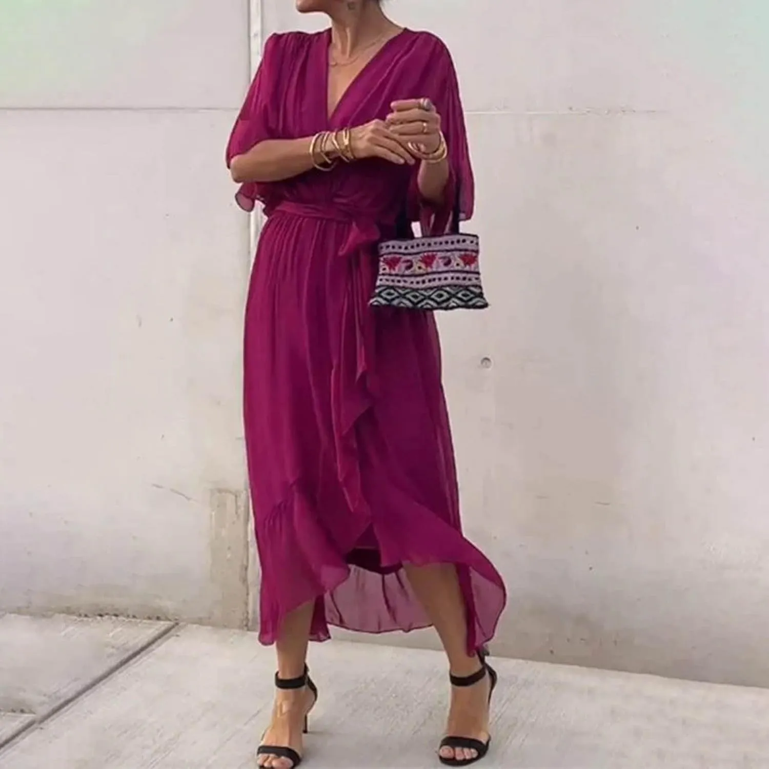Rvidbe Summer Casual Warp Flowy Maxi Dresses for Women V Neck Bat Sleeve Lace Up Long Beach Dress Plus Size Formal Dress