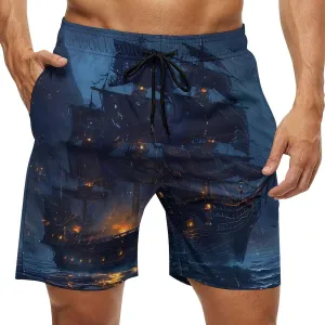 Sailboat Sailing on Sea Men's Swim Trunks Quick Dry Board Shorts Breathable Summer Beach Shorts Bathing Suits