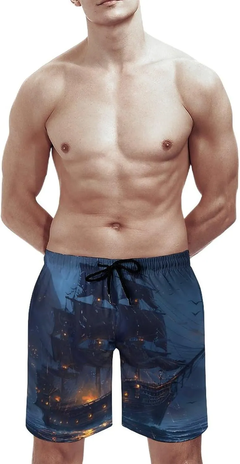 Sailboat Sailing on Sea Men's Swim Trunks Quick Dry Board Shorts Breathable Summer Beach Shorts Bathing Suits