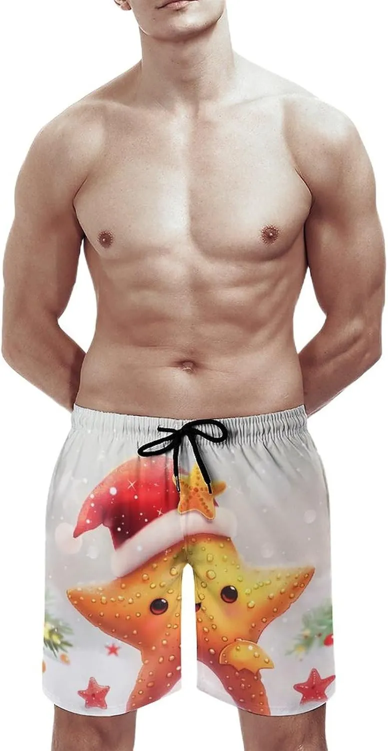 Santa Starfish Christmas Men's Swim Trunks Quick Dry Board Shorts Breathable Summer Beach Shorts Bathing Suits