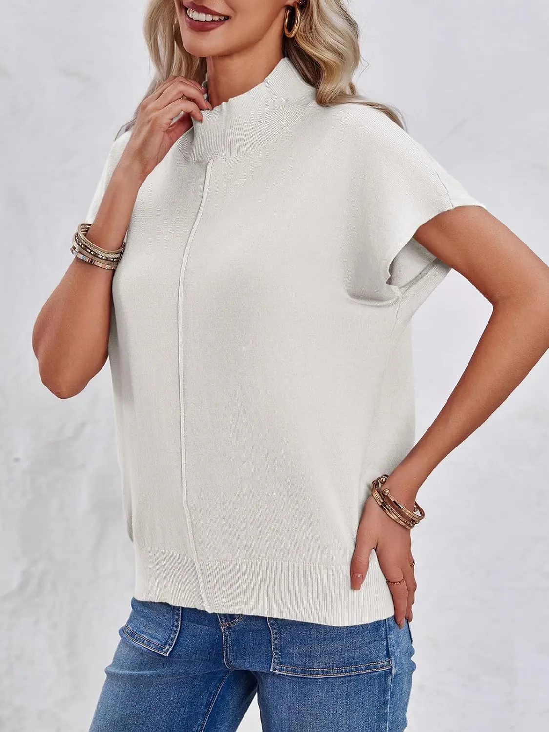 Saodimallsu Womens Summer Cap Sleeve Tops Mock Neck Knit Sweater Vest Sleeveless Work Elegant Shirts