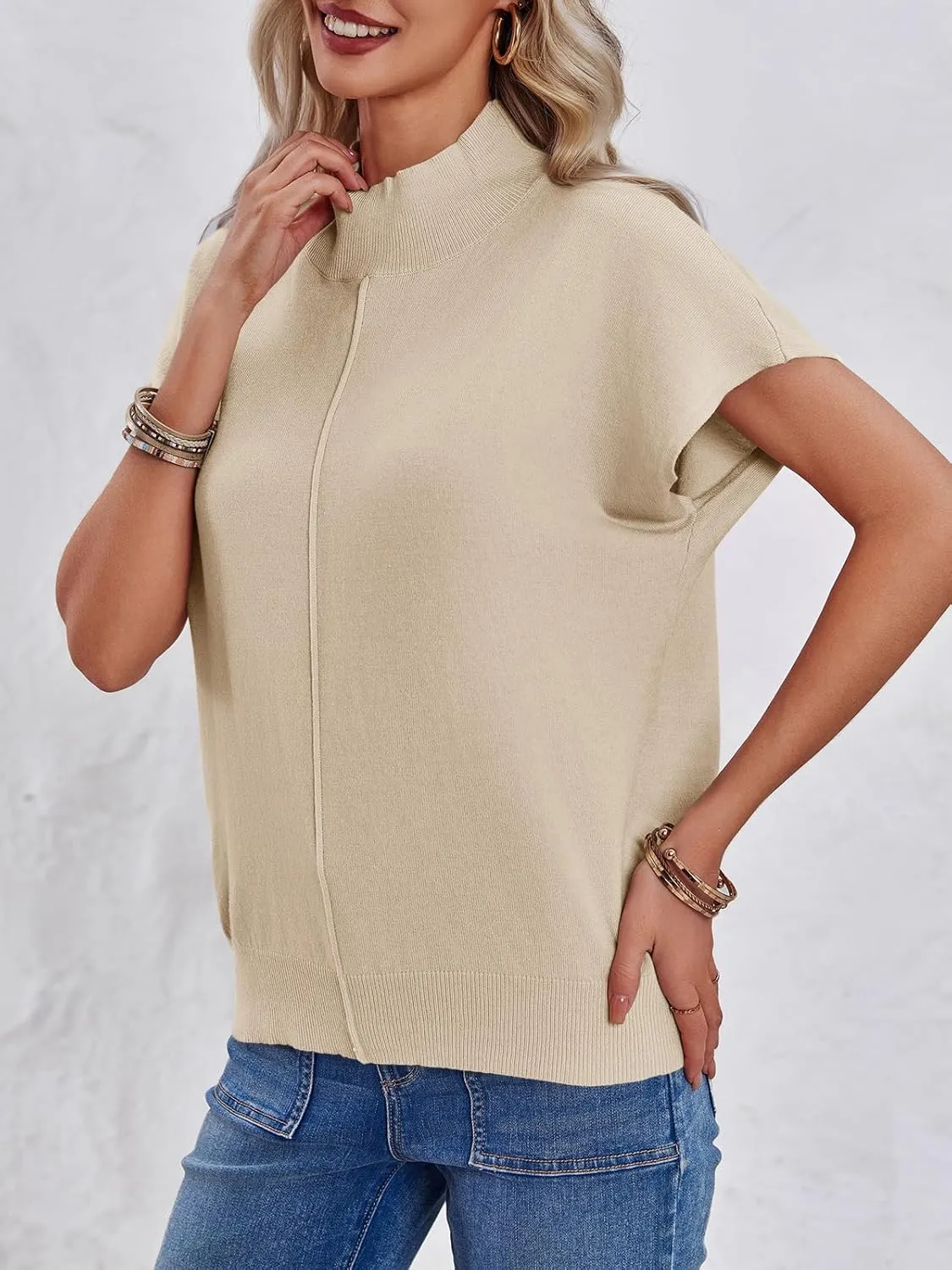 Saodimallsu Womens Summer Cap Sleeve Tops Mock Neck Knit Sweater Vest Sleeveless Work Elegant Shirts