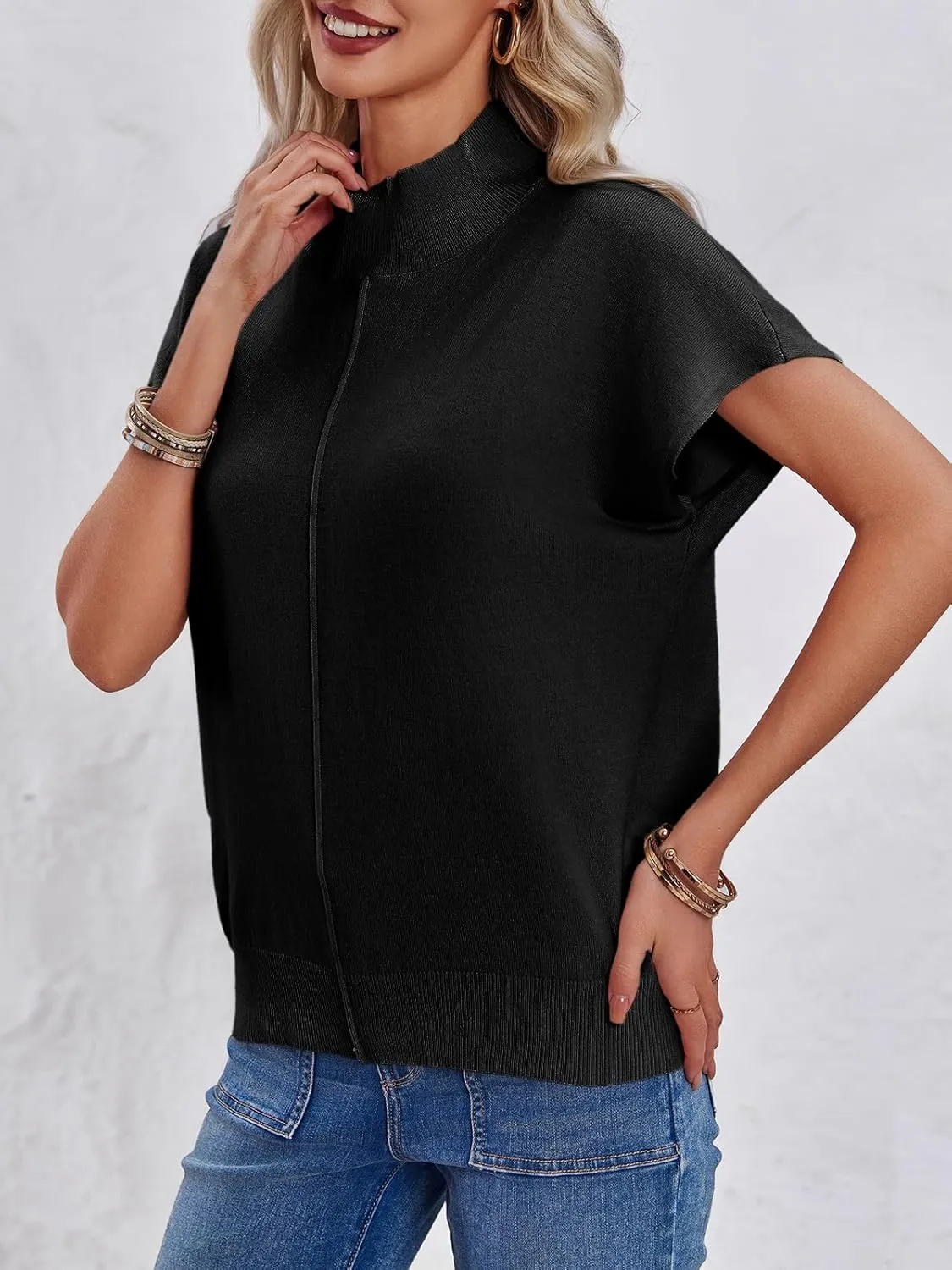 Saodimallsu Womens Summer Cap Sleeve Tops Mock Neck Knit Sweater Vest Sleeveless Work Elegant Shirts