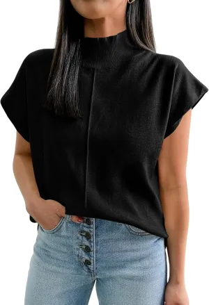 Saodimallsu Womens Summer Cap Sleeve Tops Mock Neck Knit Sweater Vest Sleeveless Work Elegant Shirts