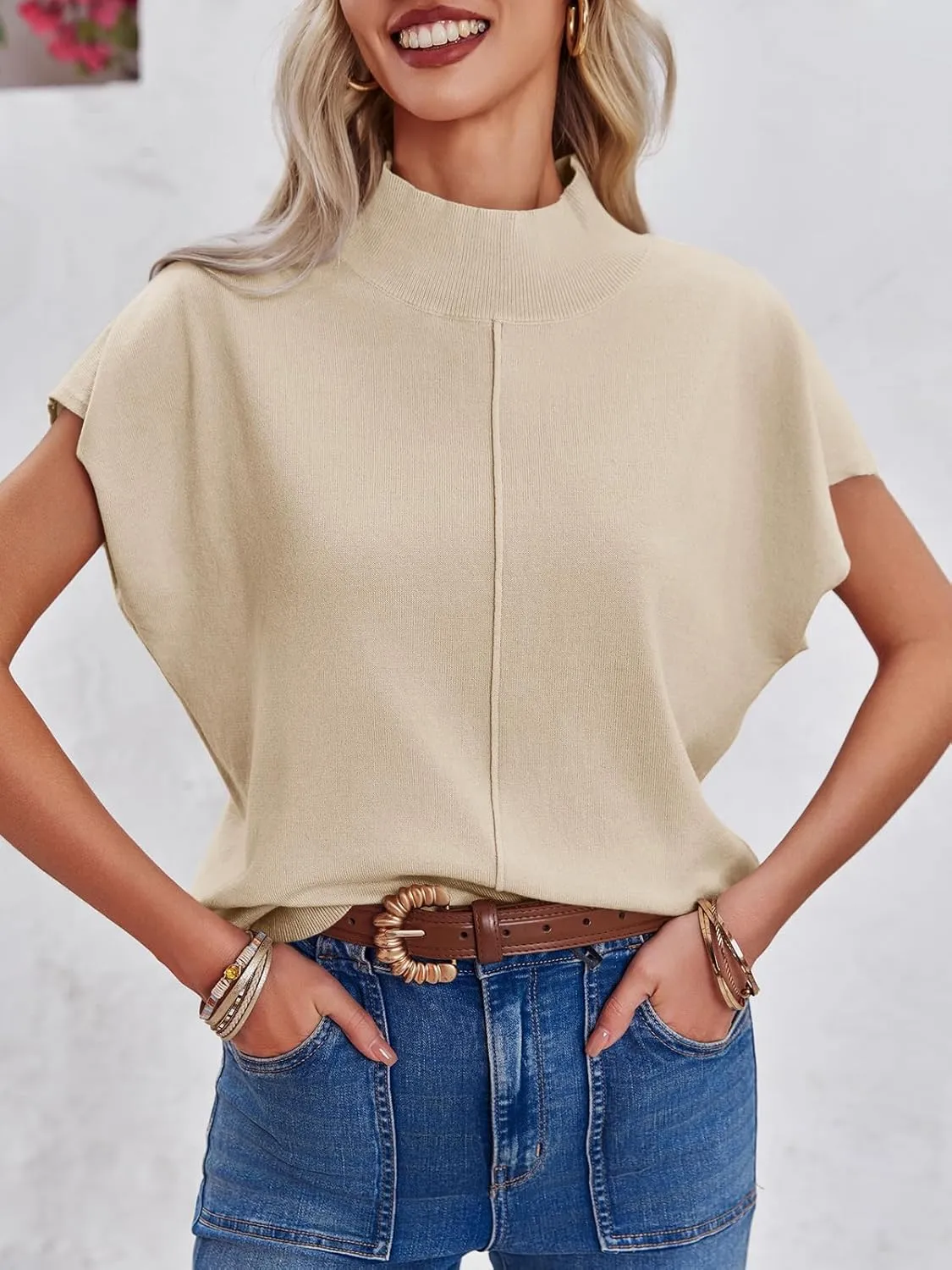 Saodimallsu Womens Summer Cap Sleeve Tops Mock Neck Knit Sweater Vest Sleeveless Work Elegant Shirts