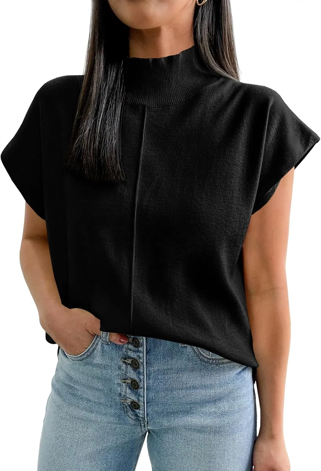 Saodimallsu Womens Summer Cap Sleeve Tops Mock Neck Knit Sweater Vest Sleeveless Work Elegant Shirts