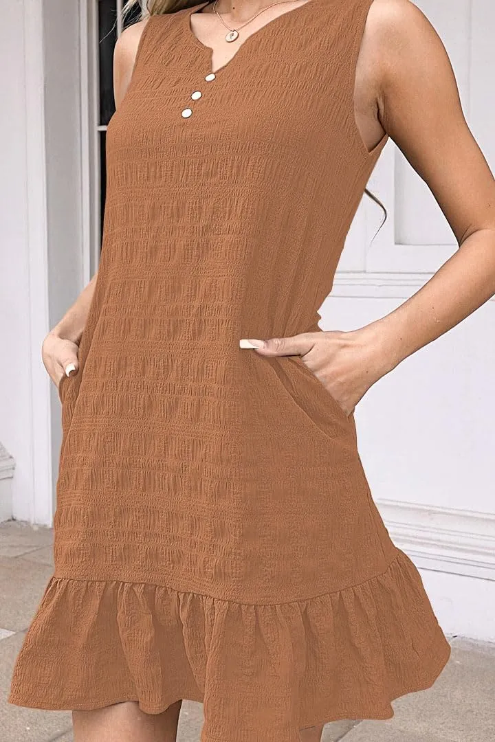 SAUKOLE Womens Sleeveless Tank Dresses Summer V Neck Button Ruffle Hem Sundress Casual Mini Dress with Pockets