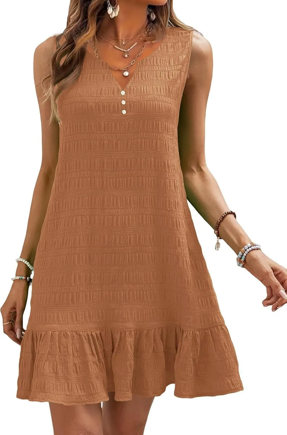 SAUKOLE Womens Sleeveless Tank Dresses Summer V Neck Button Ruffle Hem Sundress Casual Mini Dress with Pockets