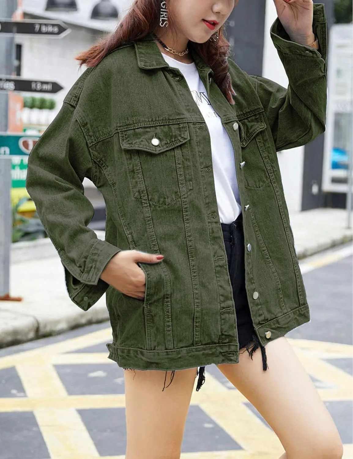 SeekMe Women's Oversized Jean Jacket Plus Size Button Down Washed Mid Long Denim Jacket