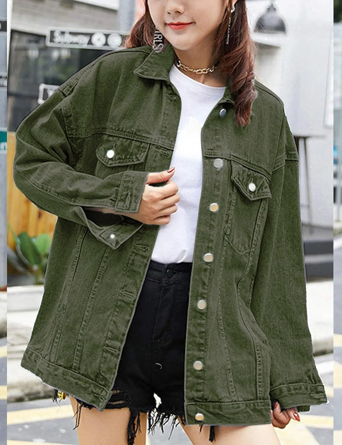 SeekMe Women's Oversized Jean Jacket Plus Size Button Down Washed Mid Long Denim Jacket