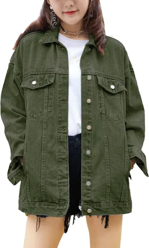 SeekMe Women's Oversized Jean Jacket Plus Size Button Down Washed Mid Long Denim Jacket