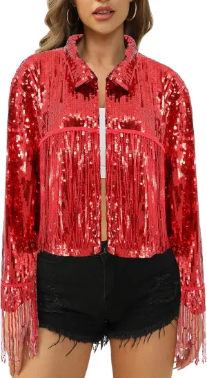 Segreto Women's Glitter Sequin Tassels Bomber Open Front Jacket Shiny Fringe Long Sleeve Coat Cardigan Blazer Disco Outfits