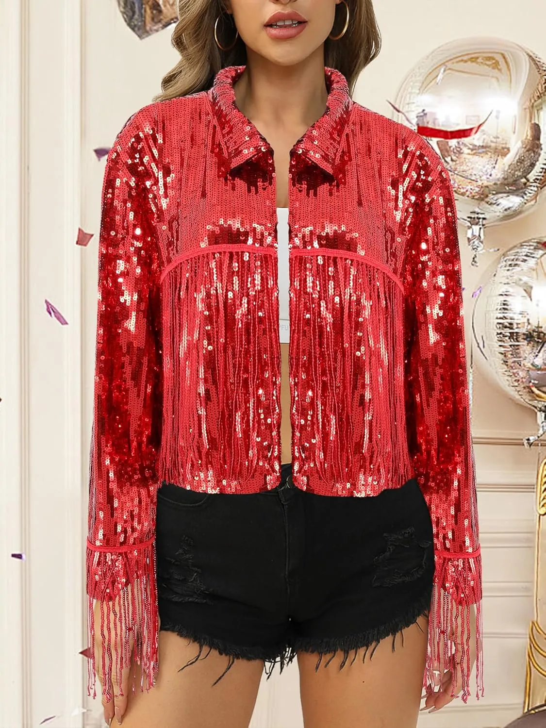 Segreto Women's Glitter Sequin Tassels Bomber Open Front Jacket Shiny Fringe Long Sleeve Coat Cardigan Blazer Disco Outfits