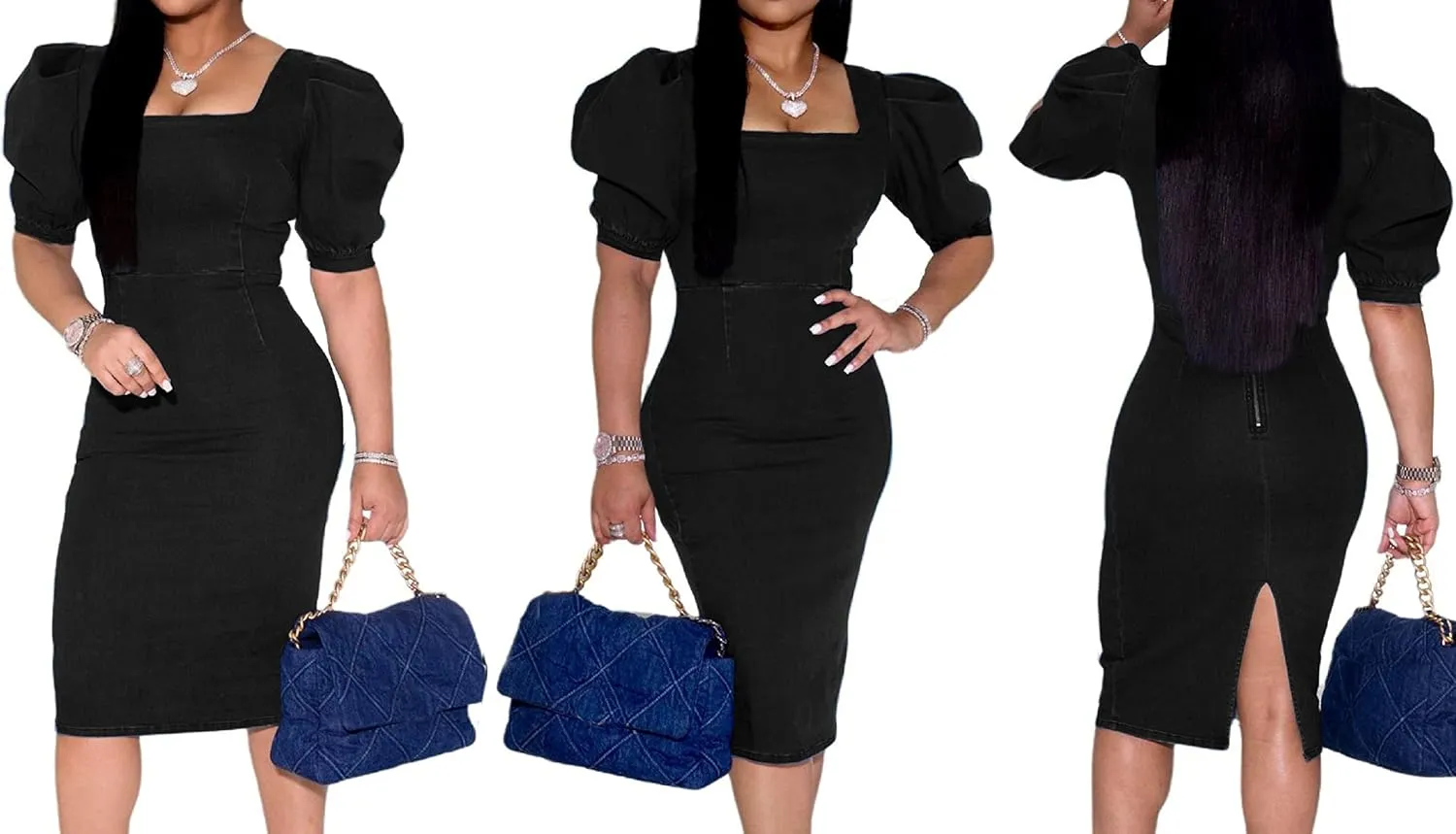 SeNight Women Denim Dresses Elegant Sexy Short Sleeve Jean Party Dress