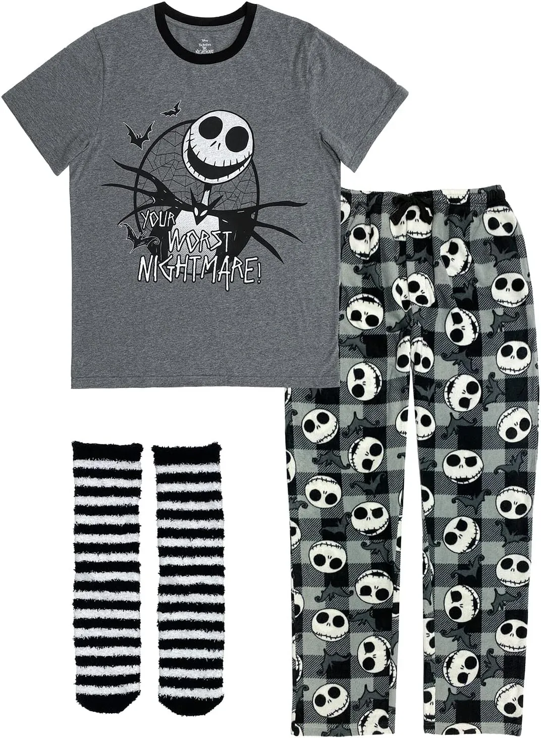 Seven Times Six Nightmare Before Christmas Jack Skellington 3 Piece Gift Set Pajama Pants, Shirt, and Cozy Socks