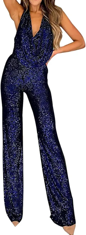 Sexy Halter Cowl Neck Sparkly Jumpsuits for Women Clubwear Sleeveless Elegant Sequins Bodycon Wide Leg Pants Rompers