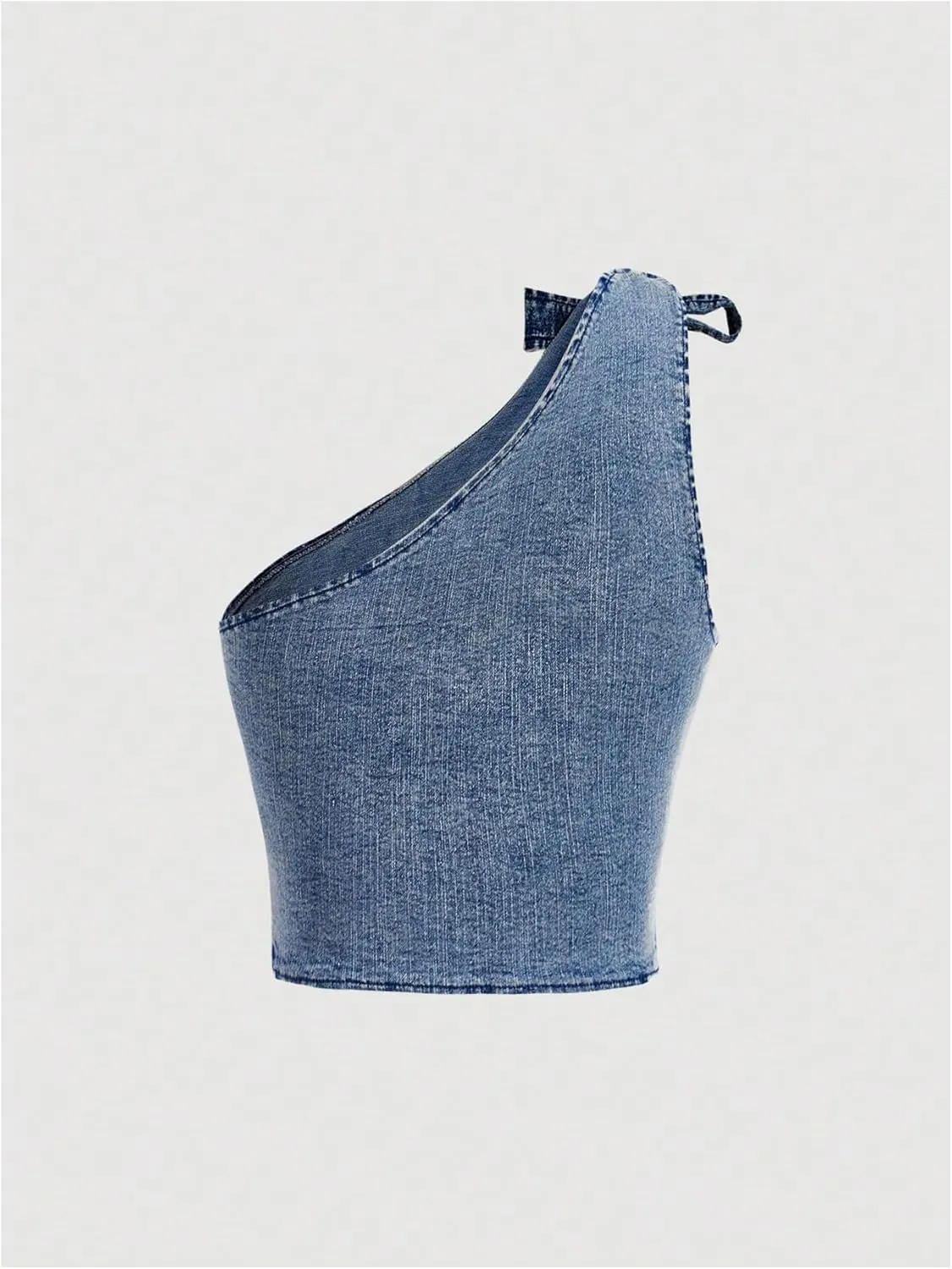 SHENHE Women's Asymmetrical Neckline Bow Tie Backless Elegant Denim Sleeveless Cami Jean Vest Bustier Crop Tank Tops