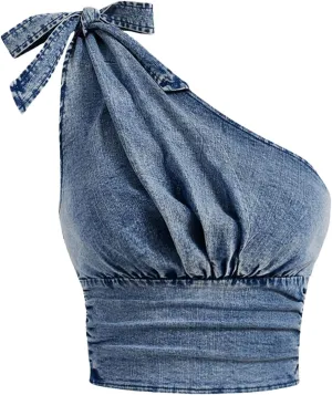 SHENHE Women's Asymmetrical Neckline Bow Tie Backless Elegant Denim Sleeveless Cami Jean Vest Bustier Crop Tank Tops