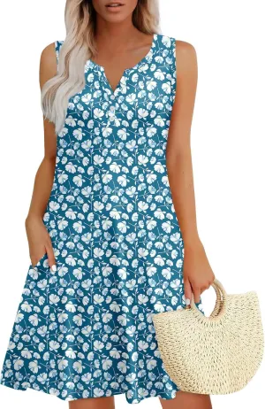 Short Summer Dresses for Women 2025 Casual Trendy V Neck Sleeveless Floral Sundresses Flowy Boho Beach Sundress w/Pockets