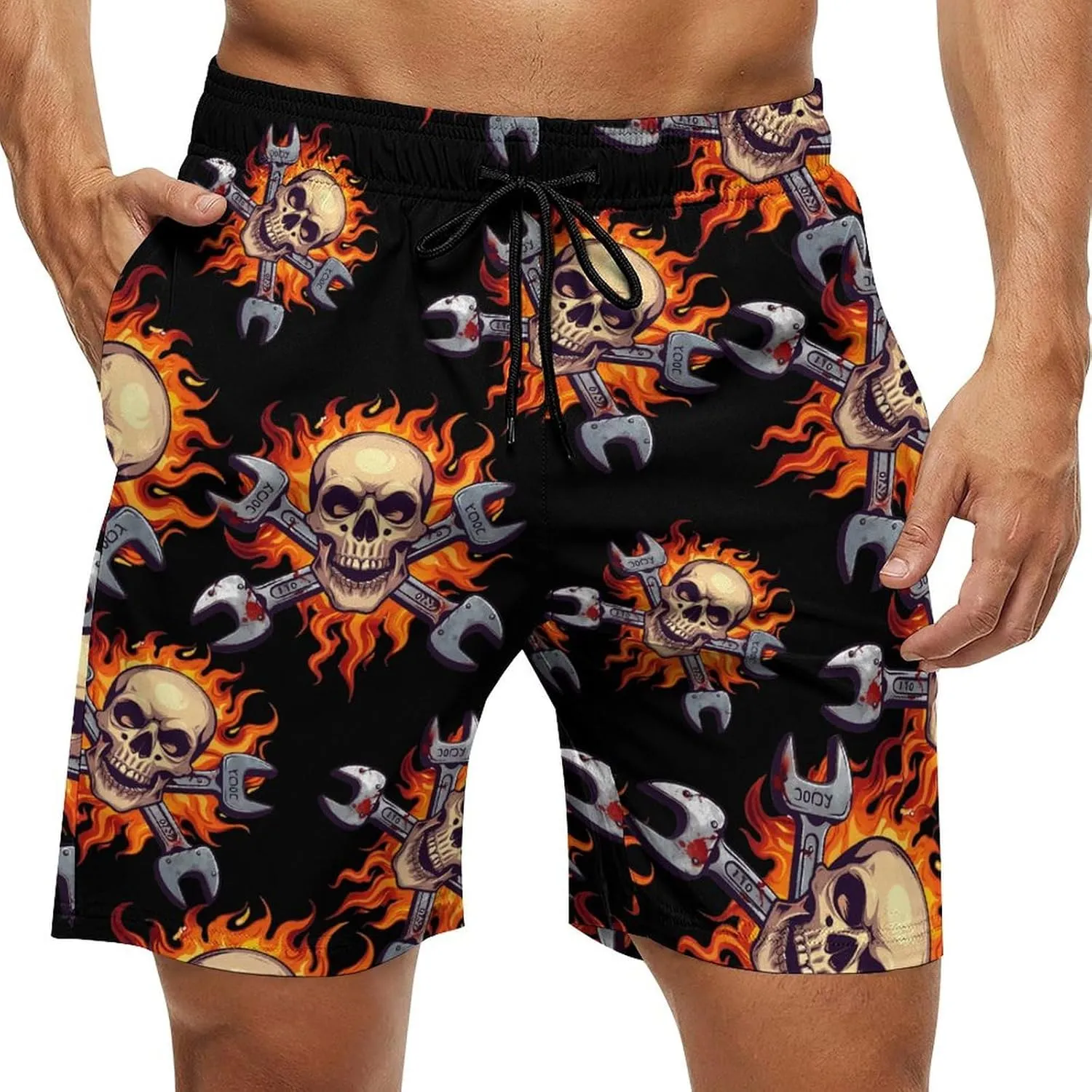 Skull Wrench Flames Mechanic Men's Swim Trunks Quick Dry Board Shorts Breathable Summer Beach Shorts Bathing Suits