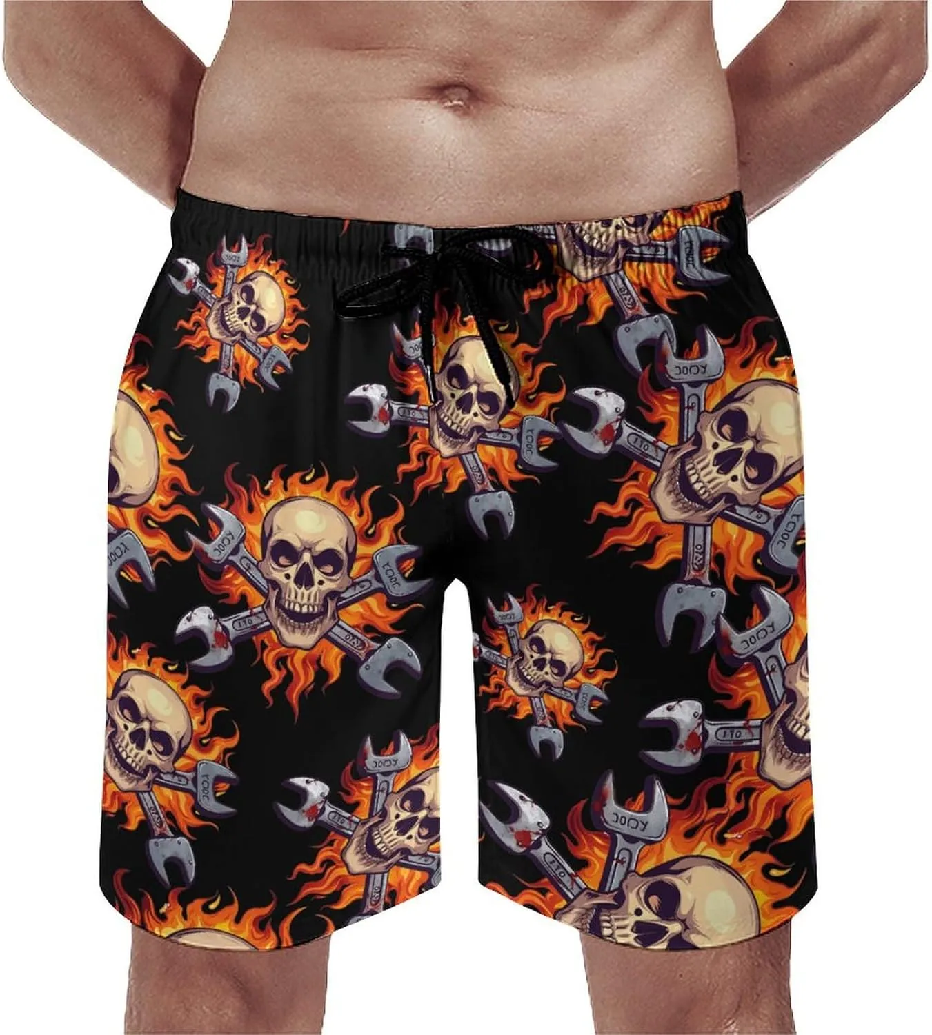 Skull Wrench Flames Mechanic Men's Swim Trunks Quick Dry Board Shorts Breathable Summer Beach Shorts Bathing Suits