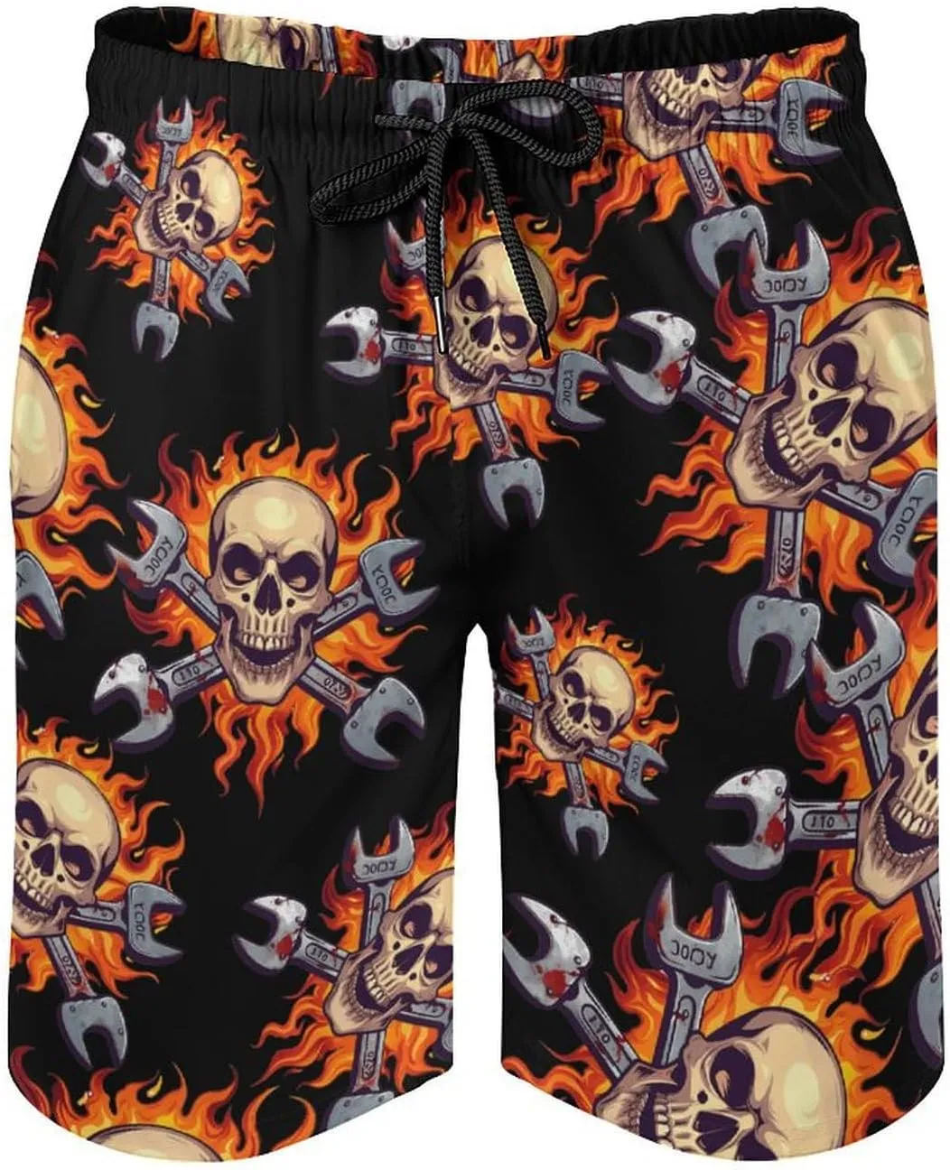 Skull Wrench Flames Mechanic Men's Swim Trunks Quick Dry Board Shorts Breathable Summer Beach Shorts Bathing Suits